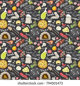 Pizza seamless pattern hand drawn sketch. Pizza Doodles Food background with flour and other food ingredients, oven and kitchen tools. Vector illustration.