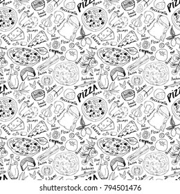 Pizza seamless pattern hand drawn sketch. Pizza Doodles Food background with flour and other food ingredients, oven and kitchen tools. Vector illustration.