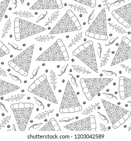 Pizza seamless pattern. Hand-drawn slices of pizza, arugula, hot pepper. Monochrome background with pizza. Vector.