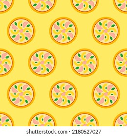 Pizza seamless pattern. Hawaiian pizza icon on yellow background. Fast food icon in flat design. Modern design for print on wrapping paper, wallpaper, fabric, packing. Vector illustration