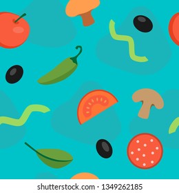Pizza seamless pattern. Ingredients for pizza. Food background. Vector illustration, flat style. Endless texture for your design, announcements, restaurant and cafe menu, fabrics, cards, posters.