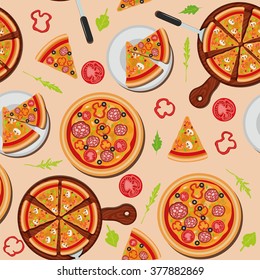 Pizza Seamless Pattern with Ingredients. Vector illustration