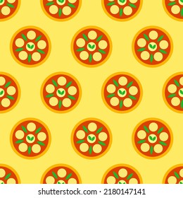 Patrón sin fisuras de pizza. Icono de pizza margherita con fondo amarillo. Icono de comida rápida en diseño plano. Diseño moderno para impresión en papel envolvente, papel pintado, tela, embalaje. Ilustración del vector