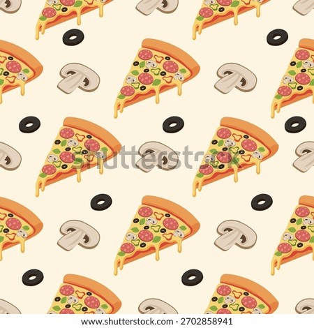 Pizza seamless pattern. Melting cheese, pepperoni, mushrooms, olives, basil, and bell pepper rings.Vector Illustration