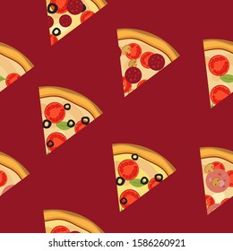 Pizza seamless pattern. Mozzarella, Cheese, Basil, Tomato, pepperoni, olives. Illustration for backgrounds, card, posters, banners, textile prints, cover, web design. Eat healthy. Vector icons.