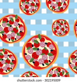 Pizza seamless pattern on a blue tablecloth. Food background