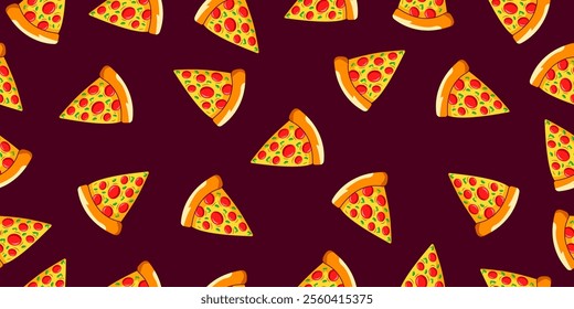 Pizza seamless pattern on dark background. Fast food delicious pizza slice motif vector illustration