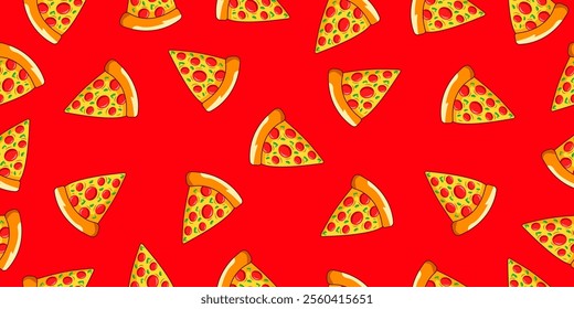 Pizza seamless pattern on red background. Fast food delicious pizza slice motif seamless vector illustration