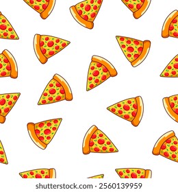 Pizza seamless pattern on white background. Pizza slice with topping motif perfect for food packaging, restaurant branding, party decorations, backgrounds