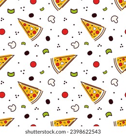 Pizza seamless pattern.  For packaging, menu design, interior decorating. Black line vector illustration. Tomato, olive, mushroom,  sausage, salami.