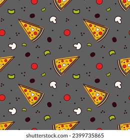Pizza seamless pattern.  For packaging, menu design, interior decorating. Black line vector illustration. Tomato, olive, mushroom,  sausage. Isolated on dark background.