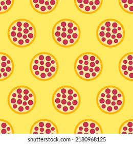 Pizza Seamless Pattern. Pepperoni Pizza Icon On Yellow Background. Fast Food Icon In Flat Design. Modern Design For Print On Wrapping Paper, Wallpaper, Fabric, Packing. Vector Illustration