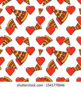 Pizza seamless pattern. Pepperoni slices with hearts on white background. Funny, hipster design for pizzeria, pizza love, delivery, cafe, restaraunt. Flat cartoon style pattern, print, texture. 