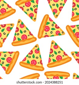 Pizza seamless pattern. Pieces of pizza on a light background. Vector flat pattern.