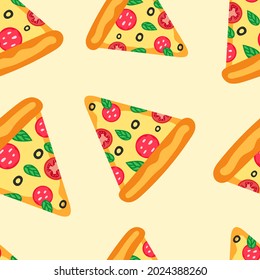 Pizza seamless pattern. Pieces of pizza on a light background. Vector flat pattern.