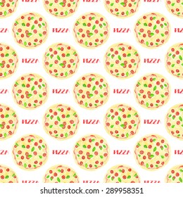 Pizza. Seamless pattern with pizzas. Hand-drawn background. Vector illustration. Real watercolor drawing.