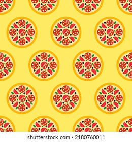 Patrón sin fisuras de pizza. Icono de la pizza salami sobre fondo amarillo. Icono de comida rápida en diseño plano. Diseño moderno para impresión en papel envolvente, papel pintado, tela, embalaje. Ilustración del vector