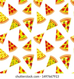 Pizza seamless pattern. Pizza slices collection. Vibrant American and Italian pizza breakers. Background for pizzeria menu.