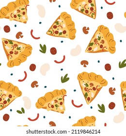 Pizza seamless pattern. Pizza slices with mozzarella, salami, herbs, mushrooms and pepper. Doodle fast food background. For wrapping paper, textile, wallpaper, restaurant or cafe. Vector illustration