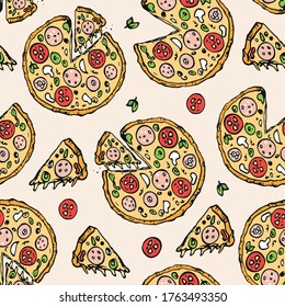 Pizza seamless pattern. Slices and whole pizzas. Trendy hand drawn vector illustration. Delicious hot pieces.