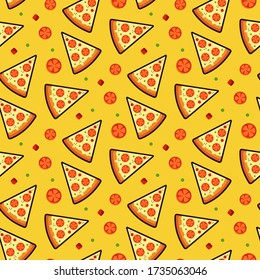 Pizza seamless pattern, texture, print, surface. Italian food on orange background isolated. Vector illustration, flat, line art style, creative design