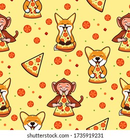 Pizza Seamless Pattern, Texture, Print, Surface With Animals. Italian Food On Yellow Background Isolated. Vector Illustration, Flat, Line Art Style, Creative Design