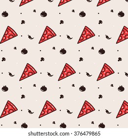Pizza seamless pattern with pizza, tomato, pepper, mushroom. Traditional italian food. Vector illustration, isolated.