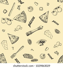 Pizza seamless pattern. Useful for restaurant identity, packaging, menu design and interior decorating