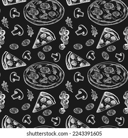 Pizza seamless pattern. Useful for restaurant identity, packaging, menu design, and interior decorating. Vector illustration.