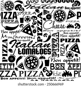 Pizza seamless pattern.   Useful for restaurant identity, packaging, menu design and interior decorating.