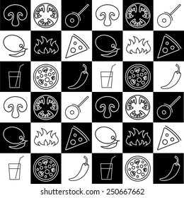 Pizza seamless pattern.  Useful for restaurant identity, packaging, menu design and interior decorating.