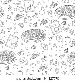 Pizza seamless pattern. Useful for restaurant identity, packaging, menu design and interior decorating