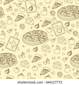 Pizza seamless pattern. Useful for restaurant identity, packaging, menu design and interior decorating