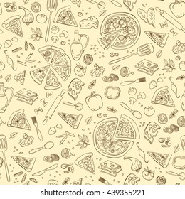 Pizza Seamless Pattern. Useful For Restaurant Identity, Packaging, Menu Design And Interior Decorating