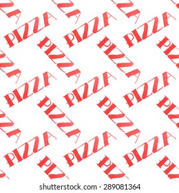 Pizza. Seamless pattern with word.  Hand-drawn background. Vector illustration. Real watercolor drawing.