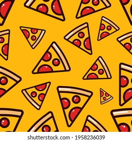 Pizza semaless pattern on yellow background. Vibrant colorful pizza vector pattern in flat style. SLice of pizza seamless pattern for wrapping, texture and print. Background for cafe and fastfood