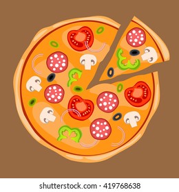 Pizza with separated slice with onions, black and green olives, mushrooms, tomatoes, green bell peppers, salami or pepperoni. Yummy pizza with toppings