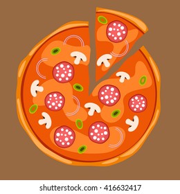 Pizza with separated slice with onions, green olives, mushrooms, salami or pepperoni. Yummy pizza with toppings