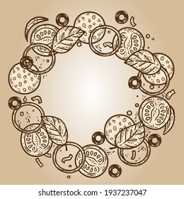 Pizza sepia ingredients are stacked in circle.