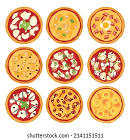 Pizza set 9 different menu isolated on background.