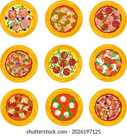 A pizza set with a base and fillings. 9 types of pizza with different fillings.