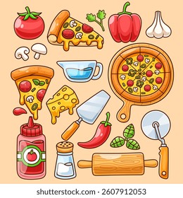 Pizza Set Cartoon Vector Icon Illustration. Food Object Icon Concept Isolated Premium Vector. Flat Cartoon Style
