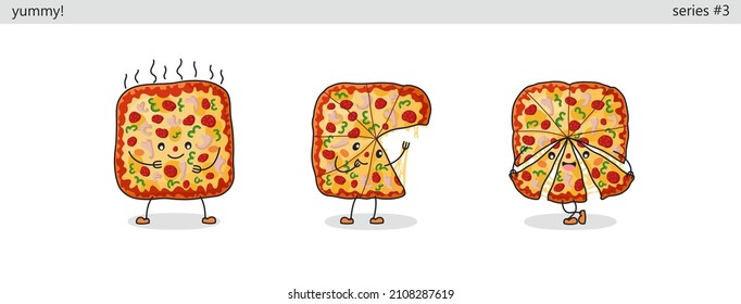 Pizza. Set of cute kawaii characters. Funny cartoon fast food icons in different situations. Vector comic style graphics