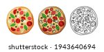 Pizza Set Design Image. Pizza Vector Set on white background. Colored and uncolored Pizza with tomato, cheese, olive, sausage, basil. Traditional italian food. Top view. European snack. Isolated
