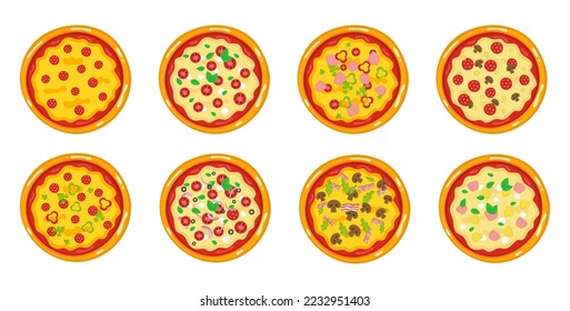 Pizza set with different fillings. Vector illustration.View from above.