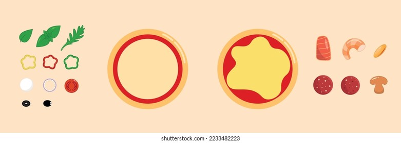 Pizza set different ingredients for self-creative. Pizza base, dough, cheese, , mozzarella, tomatoes, a tomato, sausage, seafood, shrimps, red fish, salmon, mussels, mushrooms, onion, pepper, olives