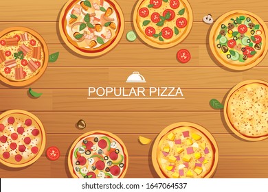 Pizza ofrece un menú diferente sobre fondo de madera. Uso para diseño, afiche, volante, banner.