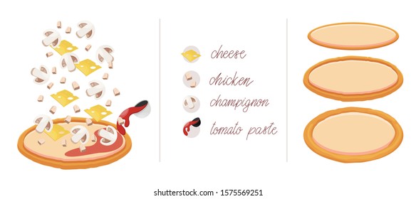 Pizza set with different vegetables cheese, chicken, champignon and tomato paste. Construct your own pizza with different filling. Italian pizza and ingredients.