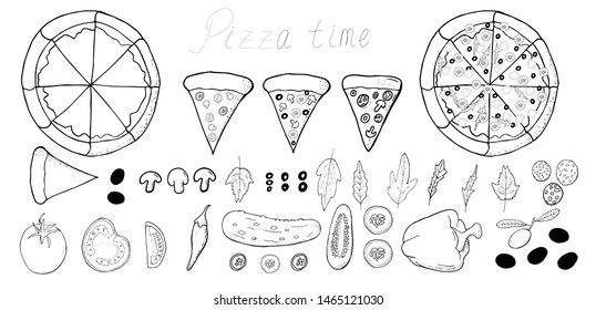 pizza set with different vegetables like pepper and cucumbers with tomatoes and olives. Construct your own pizza with different filling for cafe or restaurant
