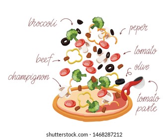 Pizza set with different vegetables like broccoli, beef, mushrooms, pepper, tomatoes, olives and tomato paste. Construct your own pizza with different filling for a cafe or restaurant. Italian pizza.